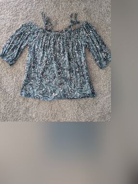 MICHAEL Michael Kors Teal and Navy Paisley Off-Shoulder Tie-Sleeve Women's Top